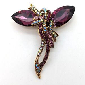 Gold Tone Purple Rhinestone Bow Brooch w Large Marquise Stones Marked Made in US
